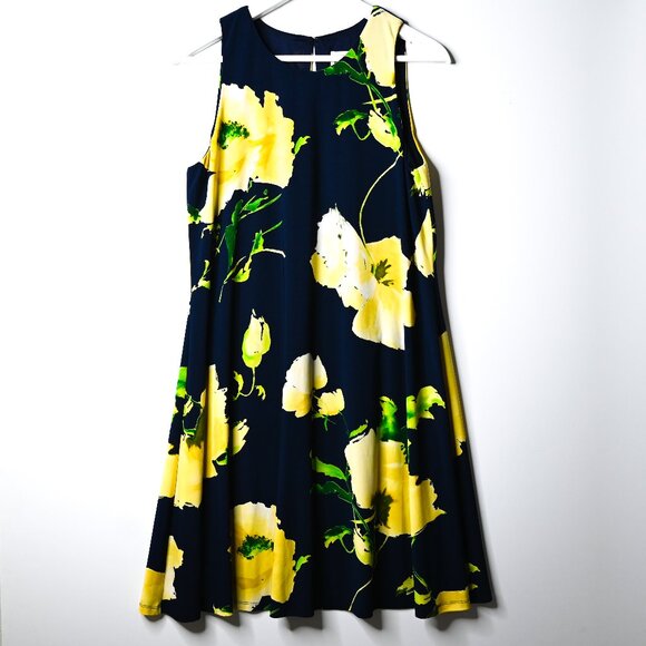 ANNE KLEIN Navy and Yellow Floral Sleeveless Dress - Size 10 - Picture 1 of 10